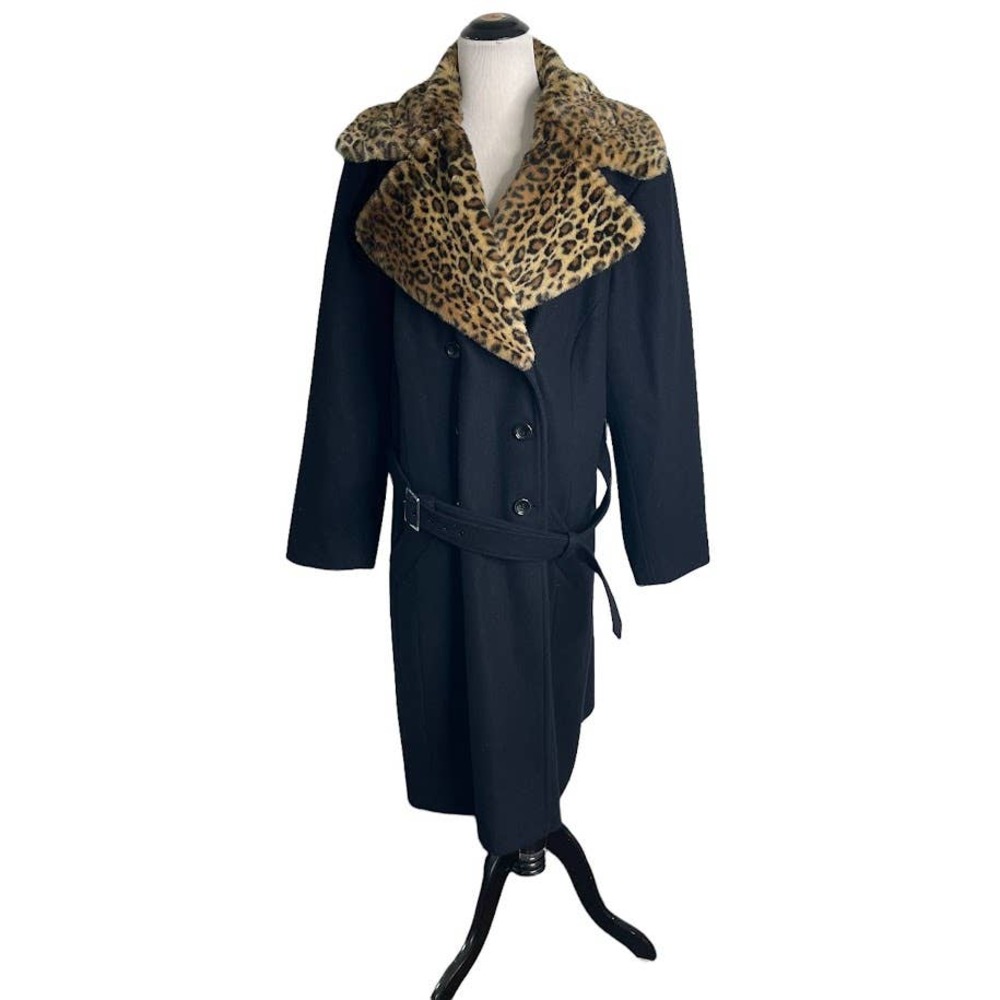 Spiegel 20W Black Overcoat Faux Fur Leopard Print Trim Wool Blend
